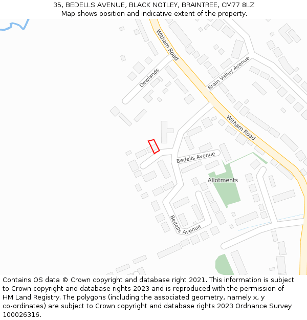 35, BEDELLS AVENUE, BLACK NOTLEY, BRAINTREE, CM77 8LZ: Location map and indicative extent of plot