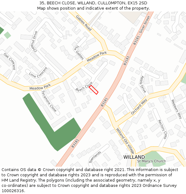 35, BEECH CLOSE, WILLAND, CULLOMPTON, EX15 2SD: Location map and indicative extent of plot
