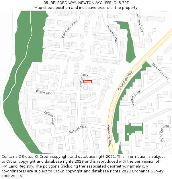 35, BELFORD WAY, NEWTON AYCLIFFE, DL5 7PT: Location map and indicative extent of plot