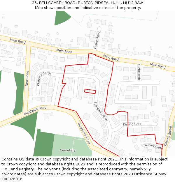 35, BELLSGARTH ROAD, BURTON PIDSEA, HULL, HU12 9AW: Location map and indicative extent of plot