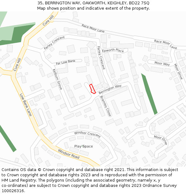 35, BERRINGTON WAY, OAKWORTH, KEIGHLEY, BD22 7SQ: Location map and indicative extent of plot