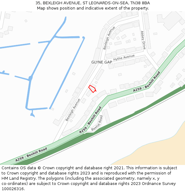 35, BEXLEIGH AVENUE, ST LEONARDS-ON-SEA, TN38 8BA: Location map and indicative extent of plot