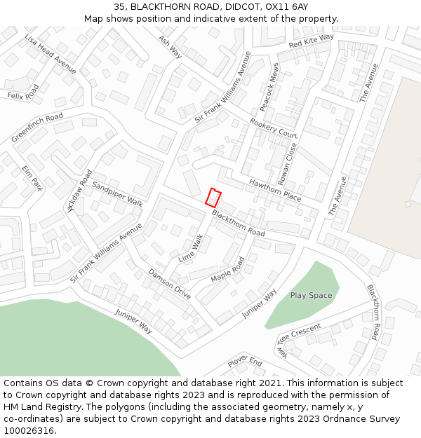 35, BLACKTHORN ROAD, DIDCOT, OX11 6AY: Location map and indicative extent of plot