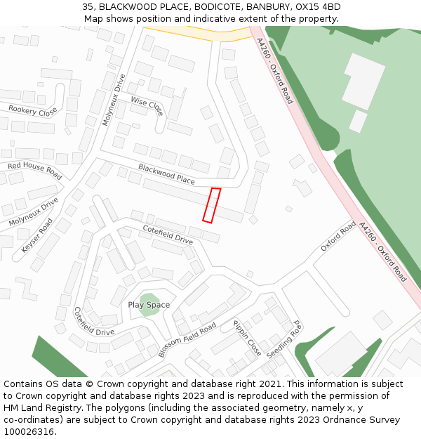 35, BLACKWOOD PLACE, BODICOTE, BANBURY, OX15 4BD: Location map and indicative extent of plot