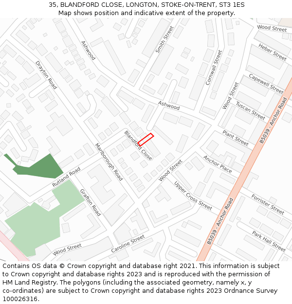 35, BLANDFORD CLOSE, LONGTON, STOKE-ON-TRENT, ST3 1ES: Location map and indicative extent of plot