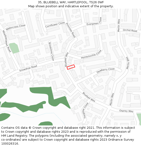 35, BLUEBELL WAY, HARTLEPOOL, TS26 0WF: Location map and indicative extent of plot