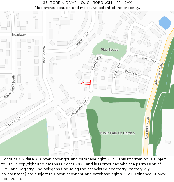 35, BOBBIN DRIVE, LOUGHBOROUGH, LE11 2AX: Location map and indicative extent of plot