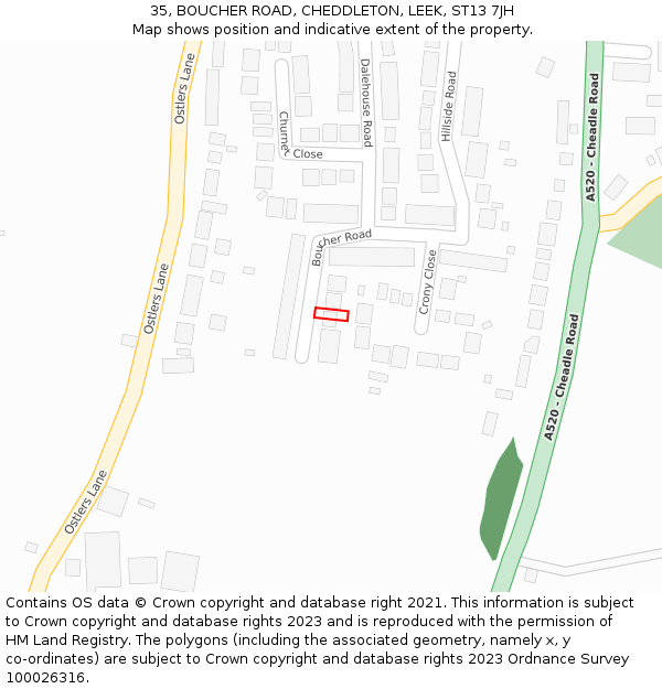 35, BOUCHER ROAD, CHEDDLETON, LEEK, ST13 7JH: Location map and indicative extent of plot