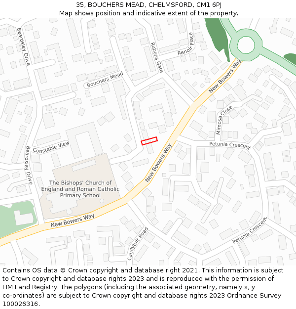 35, BOUCHERS MEAD, CHELMSFORD, CM1 6PJ: Location map and indicative extent of plot