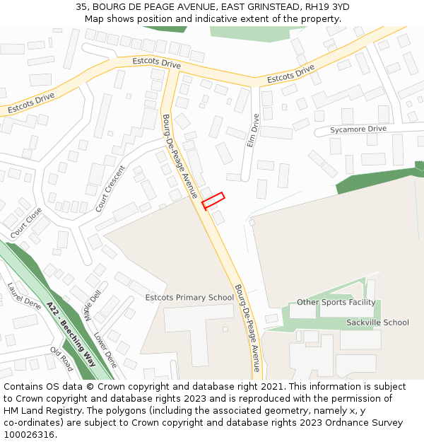 35, BOURG DE PEAGE AVENUE, EAST GRINSTEAD, RH19 3YD: Location map and indicative extent of plot