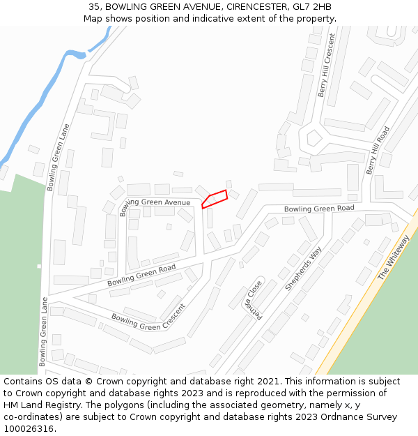 35, BOWLING GREEN AVENUE, CIRENCESTER, GL7 2HB: Location map and indicative extent of plot