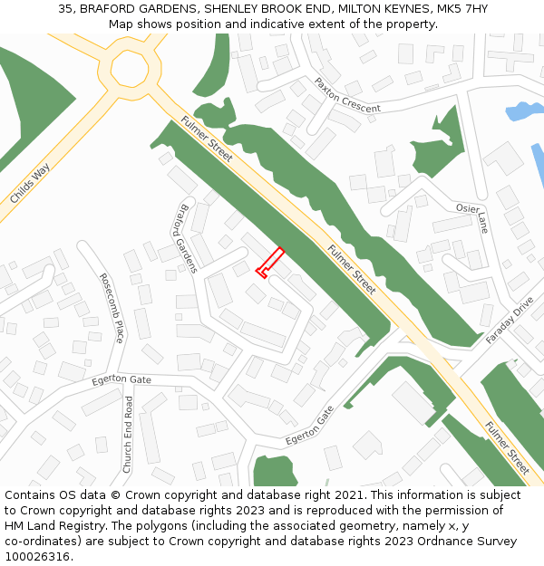 35, BRAFORD GARDENS, SHENLEY BROOK END, MILTON KEYNES, MK5 7HY: Location map and indicative extent of plot