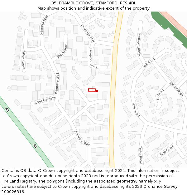 35, BRAMBLE GROVE, STAMFORD, PE9 4BL: Location map and indicative extent of plot