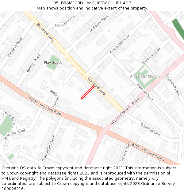 35, BRAMFORD LANE, IPSWICH, IP1 4DB: Location map and indicative extent of plot