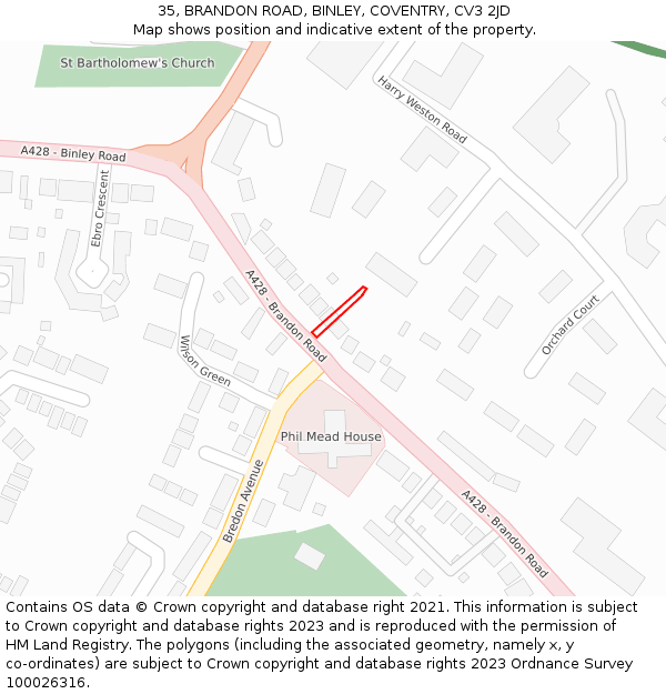 35, BRANDON ROAD, BINLEY, COVENTRY, CV3 2JD: Location map and indicative extent of plot