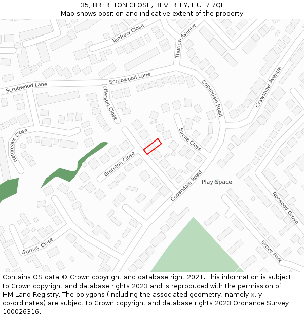 35, BRERETON CLOSE, BEVERLEY, HU17 7QE: Location map and indicative extent of plot