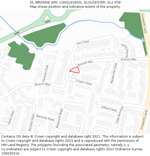 35, BRIONNE WAY, LONGLEVENS, GLOUCESTER, GL2 0TW: Location map and indicative extent of plot