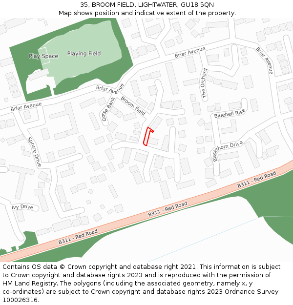 35, BROOM FIELD, LIGHTWATER, GU18 5QN: Location map and indicative extent of plot