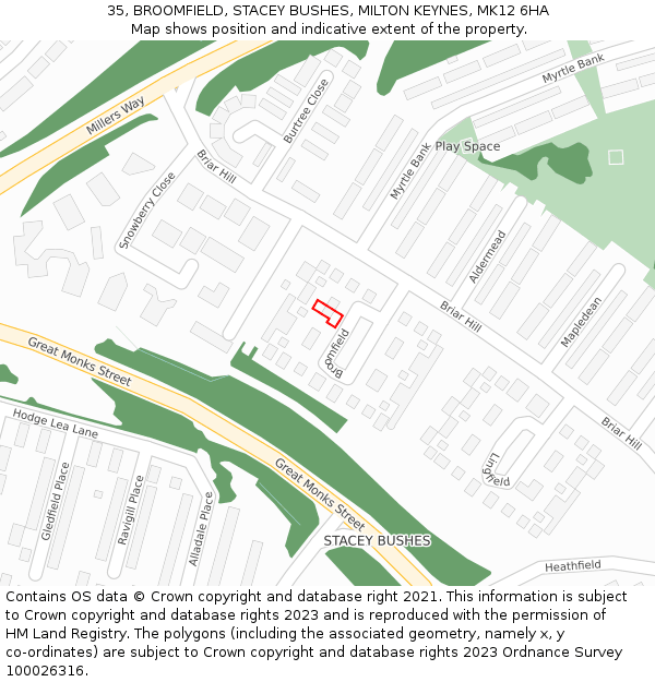 35, BROOMFIELD, STACEY BUSHES, MILTON KEYNES, MK12 6HA: Location map and indicative extent of plot