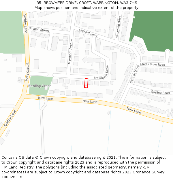 35, BROWMERE DRIVE, CROFT, WARRINGTON, WA3 7HS: Location map and indicative extent of plot
