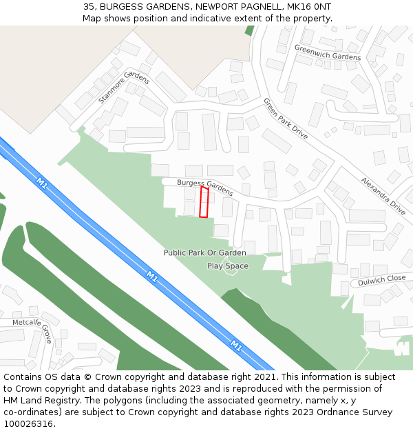 35, BURGESS GARDENS, NEWPORT PAGNELL, MK16 0NT: Location map and indicative extent of plot