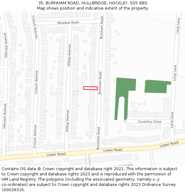 35, BURNHAM ROAD, HULLBRIDGE, HOCKLEY, SS5 6BG: Location map and indicative extent of plot