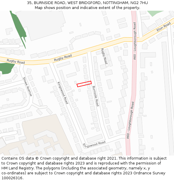 35, BURNSIDE ROAD, WEST BRIDGFORD, NOTTINGHAM, NG2 7HU: Location map and indicative extent of plot