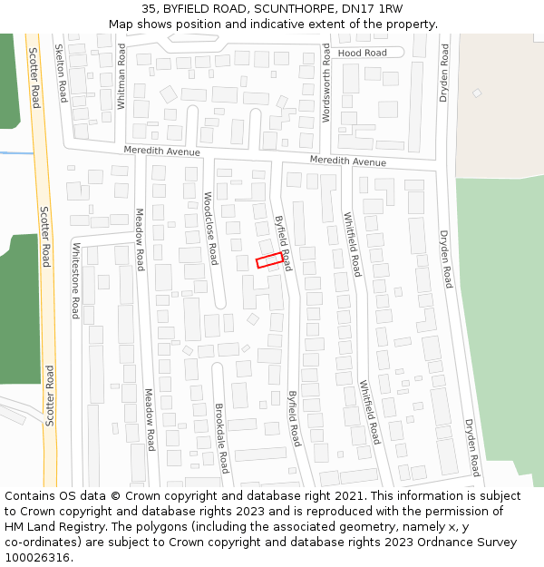 35, BYFIELD ROAD, SCUNTHORPE, DN17 1RW: Location map and indicative extent of plot