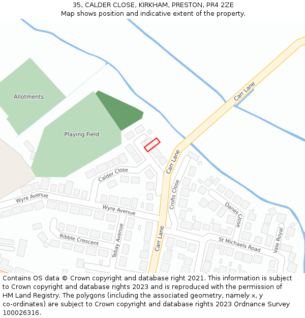 35, CALDER CLOSE, KIRKHAM, PRESTON, PR4 2ZE: Location map and indicative extent of plot