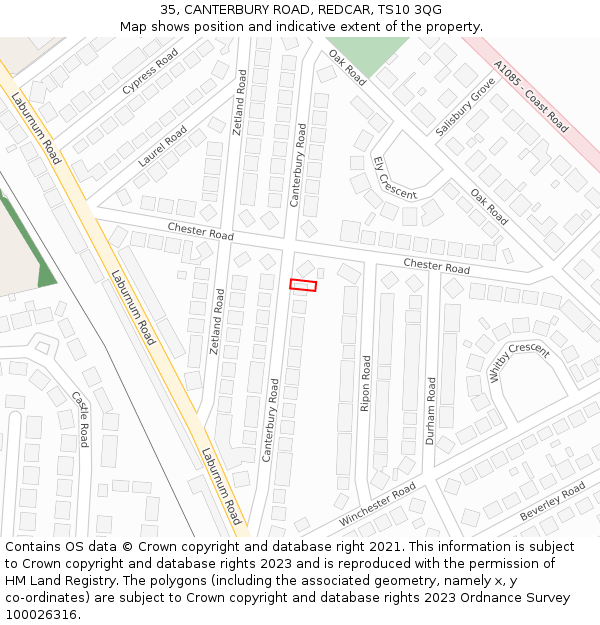 35, CANTERBURY ROAD, REDCAR, TS10 3QG: Location map and indicative extent of plot