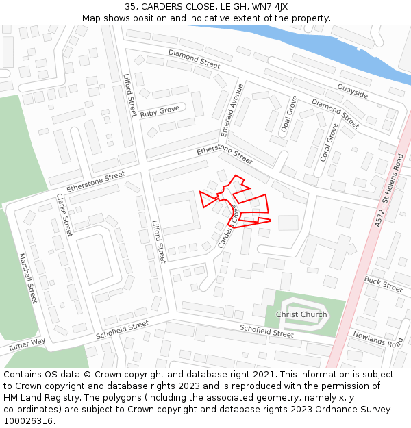 35, CARDERS CLOSE, LEIGH, WN7 4JX: Location map and indicative extent of plot