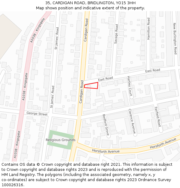 35, CARDIGAN ROAD, BRIDLINGTON, YO15 3HH: Location map and indicative extent of plot