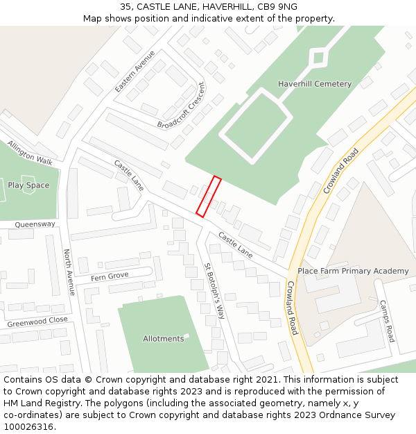 35, CASTLE LANE, HAVERHILL, CB9 9NG: Location map and indicative extent of plot