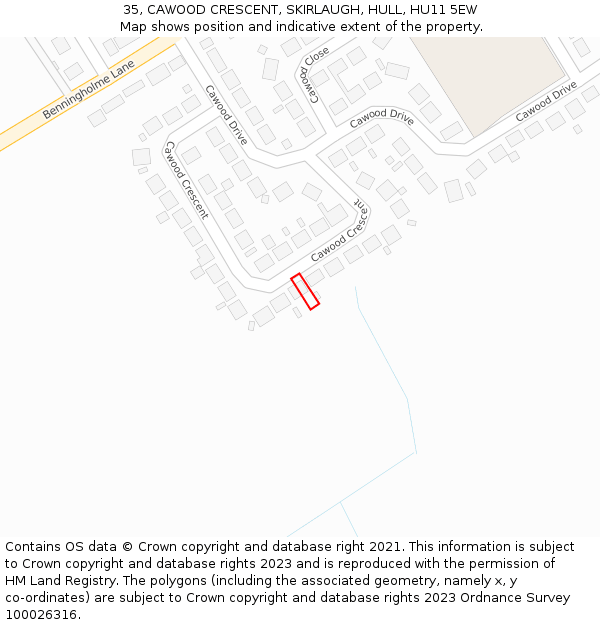 35, CAWOOD CRESCENT, SKIRLAUGH, HULL, HU11 5EW: Location map and indicative extent of plot