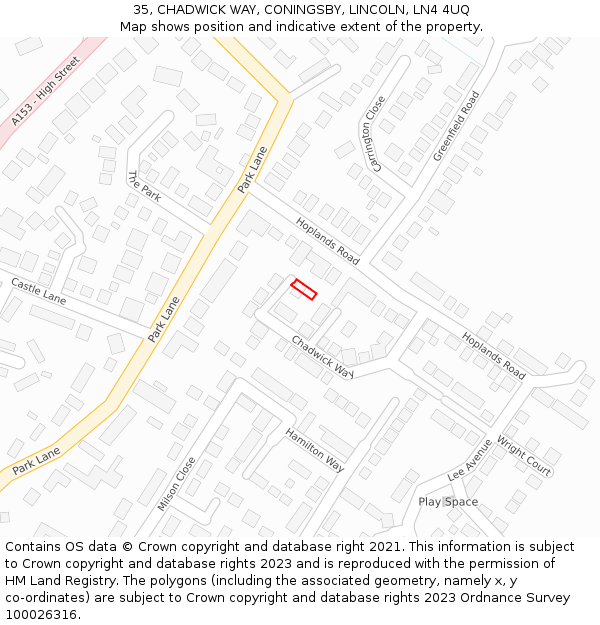 35, CHADWICK WAY, CONINGSBY, LINCOLN, LN4 4UQ: Location map and indicative extent of plot