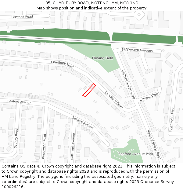 35, CHARLBURY ROAD, NOTTINGHAM, NG8 1ND: Location map and indicative extent of plot