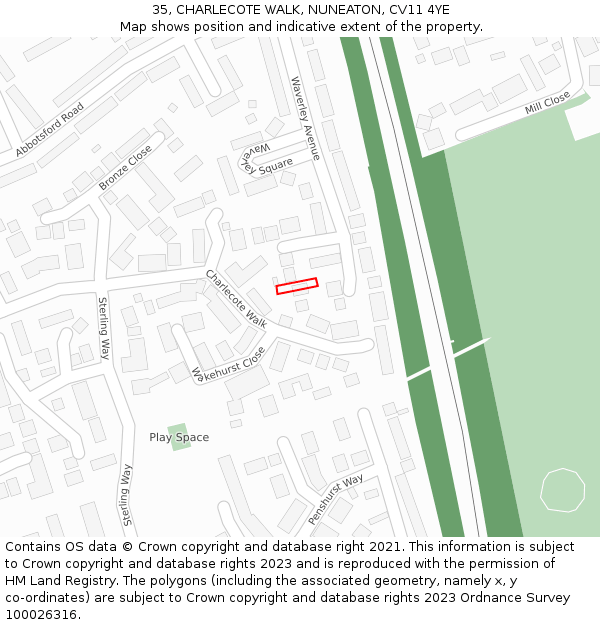 35, CHARLECOTE WALK, NUNEATON, CV11 4YE: Location map and indicative extent of plot