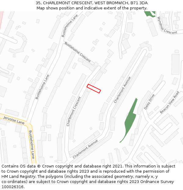 35, CHARLEMONT CRESCENT, WEST BROMWICH, B71 3DA: Location map and indicative extent of plot