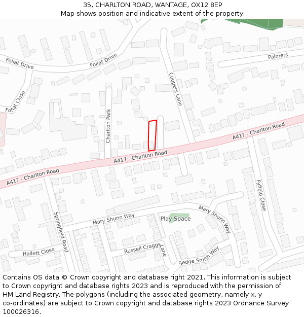 35, CHARLTON ROAD, WANTAGE, OX12 8EP: Location map and indicative extent of plot