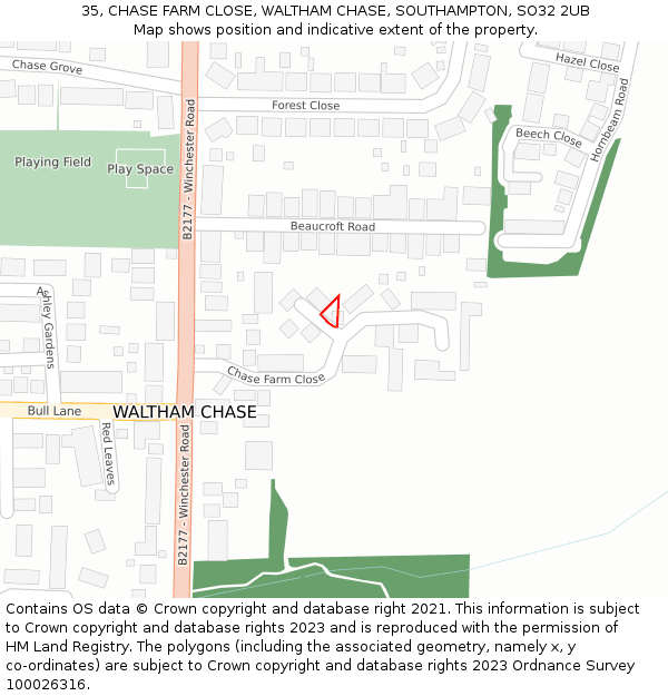 35, CHASE FARM CLOSE, WALTHAM CHASE, SOUTHAMPTON, SO32 2UB: Location map and indicative extent of plot