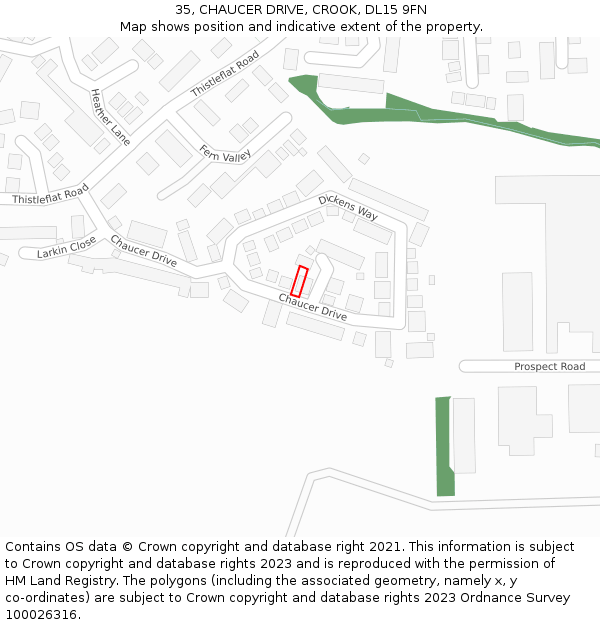 35, CHAUCER DRIVE, CROOK, DL15 9FN: Location map and indicative extent of plot