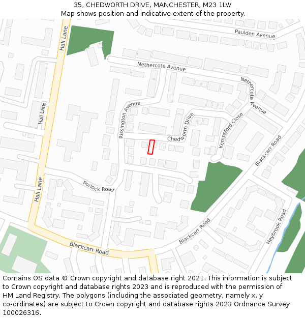 35, CHEDWORTH DRIVE, MANCHESTER, M23 1LW: Location map and indicative extent of plot