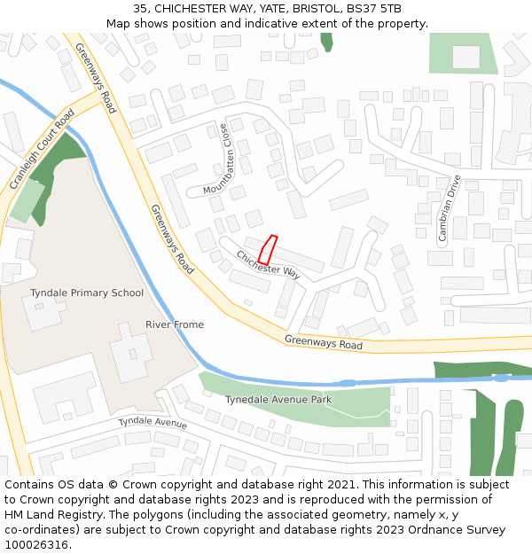 35, CHICHESTER WAY, YATE, BRISTOL, BS37 5TB: Location map and indicative extent of plot