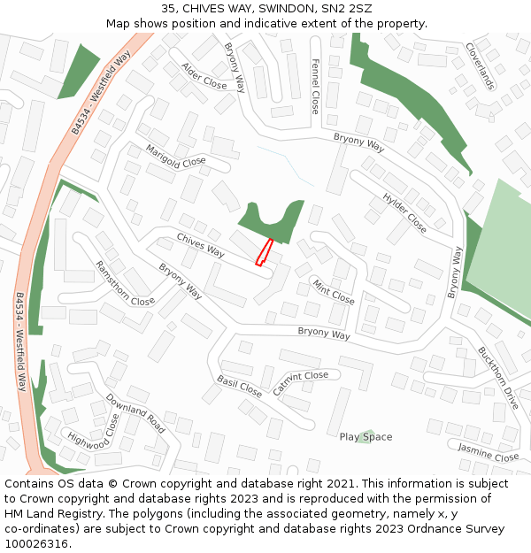 35, CHIVES WAY, SWINDON, SN2 2SZ: Location map and indicative extent of plot