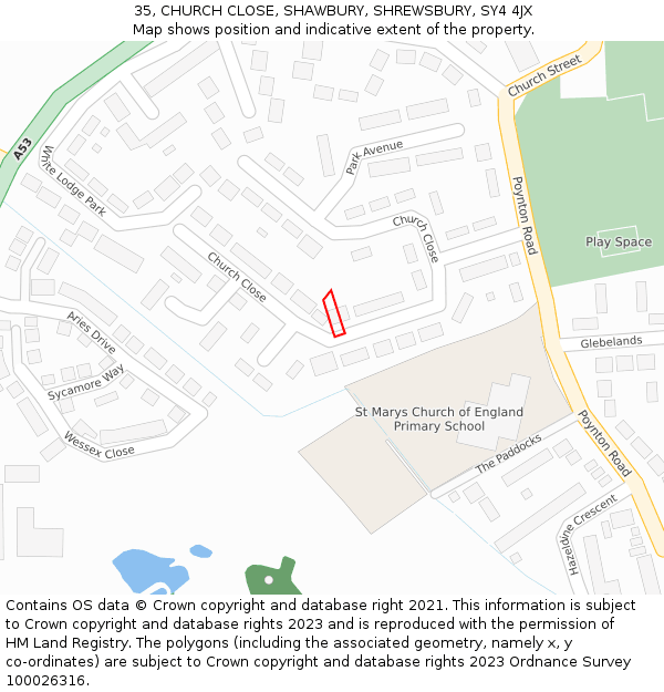 35, CHURCH CLOSE, SHAWBURY, SHREWSBURY, SY4 4JX: Location map and indicative extent of plot