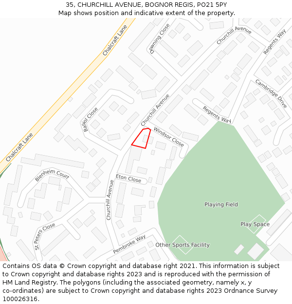 35, CHURCHILL AVENUE, BOGNOR REGIS, PO21 5PY: Location map and indicative extent of plot