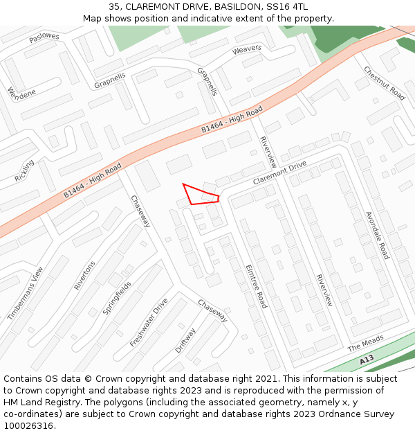 35, CLAREMONT DRIVE, BASILDON, SS16 4TL: Location map and indicative extent of plot