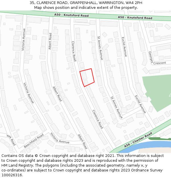 35, CLARENCE ROAD, GRAPPENHALL, WARRINGTON, WA4 2PH: Location map and indicative extent of plot