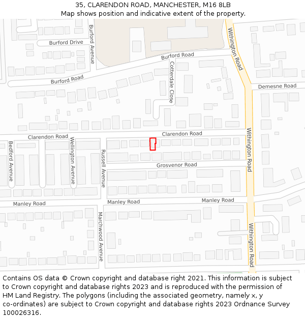 35, CLARENDON ROAD, MANCHESTER, M16 8LB: Location map and indicative extent of plot