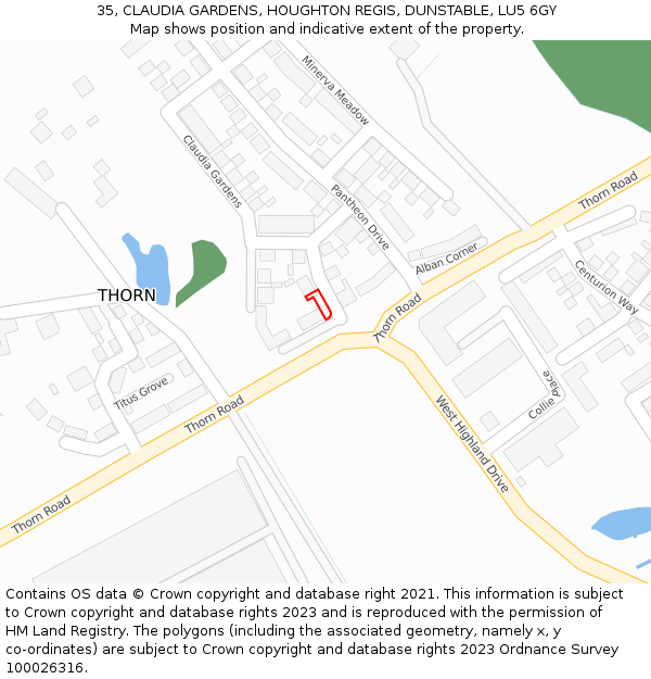 35, CLAUDIA GARDENS, HOUGHTON REGIS, DUNSTABLE, LU5 6GY: Location map and indicative extent of plot